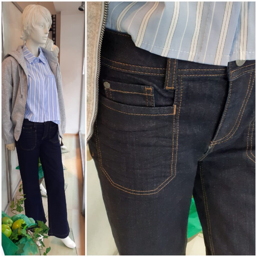 Streifenbluse, Fake Woll Hoddy von Cecil und Jeans von Street One.