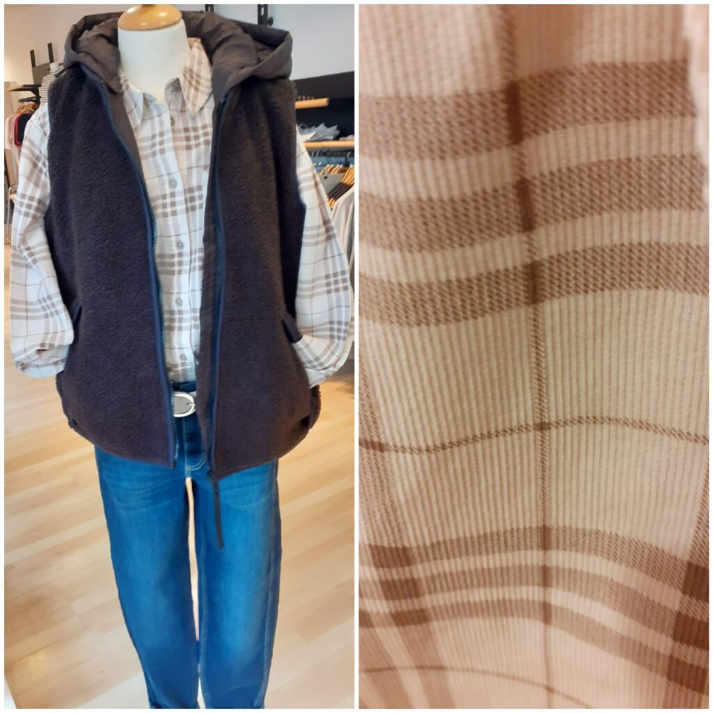 Check Bluse creamy mocca Feincord von Cecil, Weste dunkelbraun von Cecil und Ballonjeans von Blue Fire